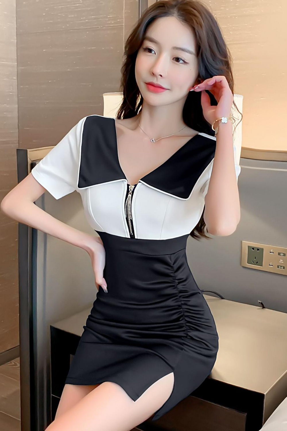 Short sleeve splice long high waist black summer dress