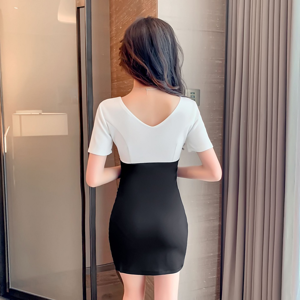 Short sleeve splice long high waist black summer dress