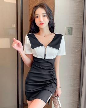 Short sleeve splice long high waist black summer dress