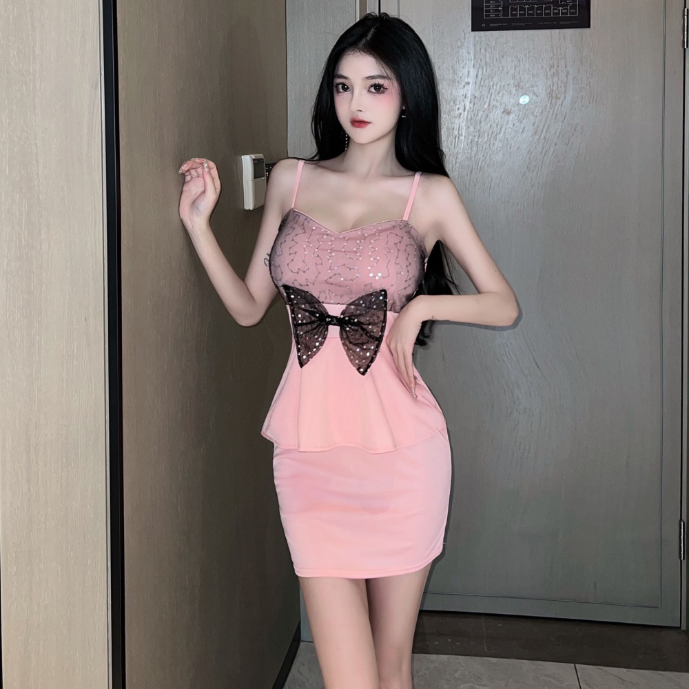 Bow sexy sling low-cut package hip slim fashion dress