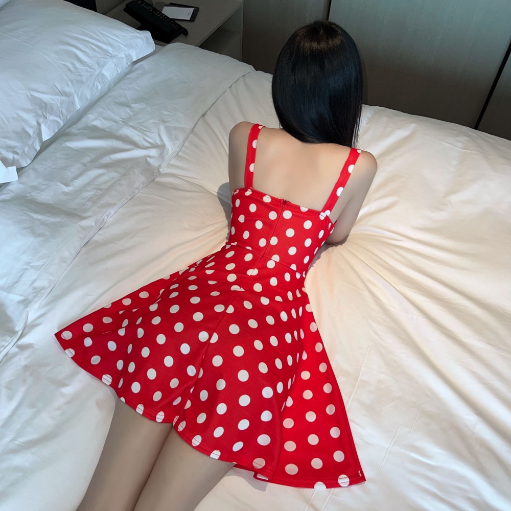 Sexy cotton big skirt high elastic polka dot sling dress