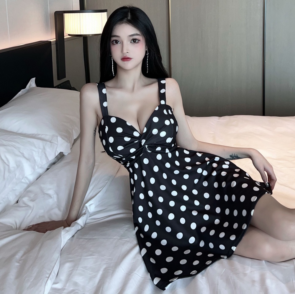 Sexy cotton big skirt high elastic polka dot sling dress