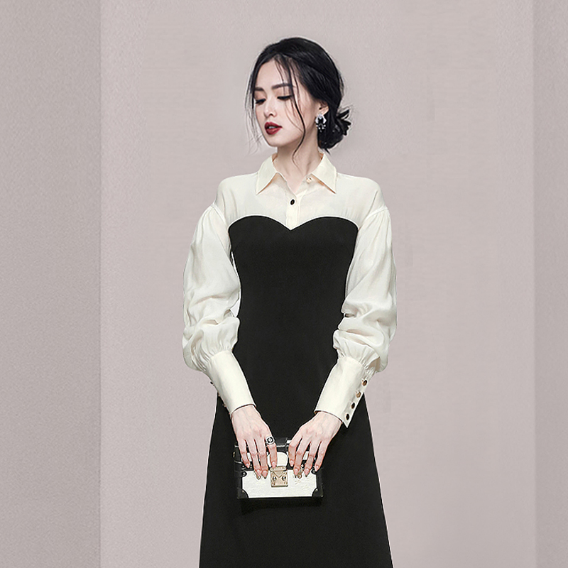 Temperament spring lantern sleeve mixed colors dress