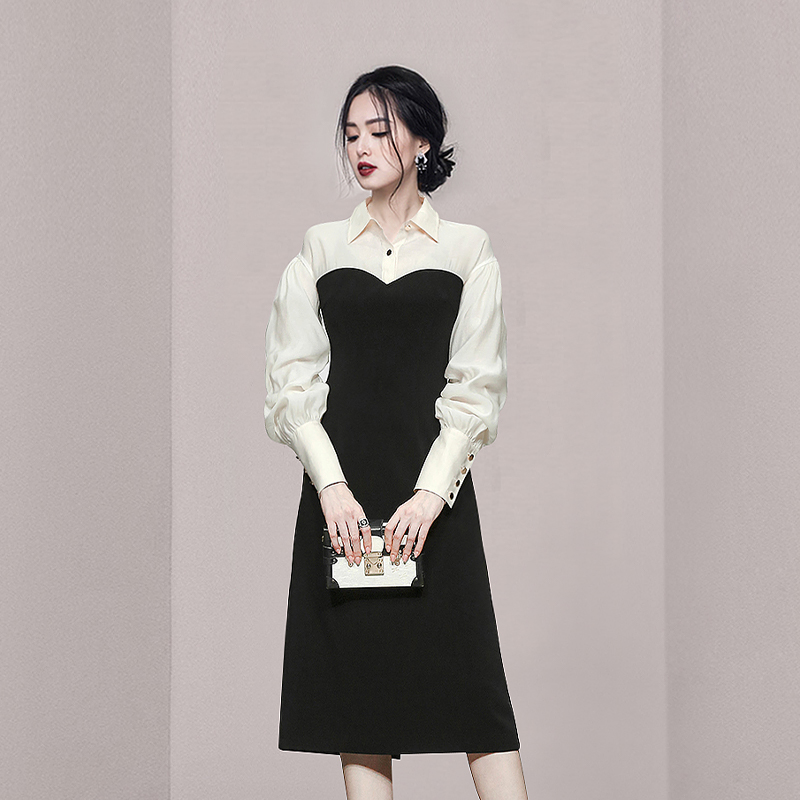 Temperament spring lantern sleeve mixed colors dress