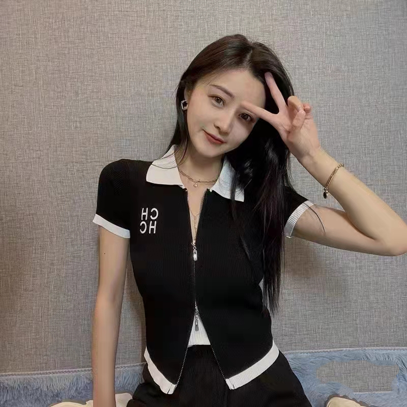 Zip short sleeve knitted tops summer slim short small shirt