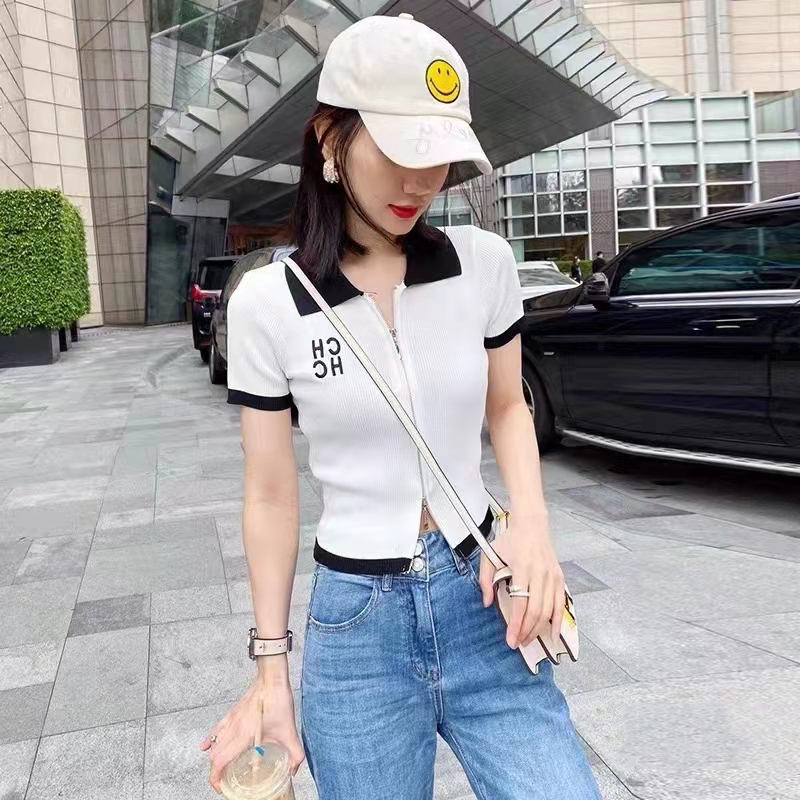 Zip short sleeve knitted tops summer slim short small shirt