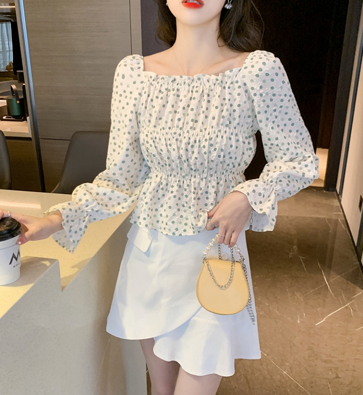 Spring puff sleeve commuting short slim printing chiffon shirt