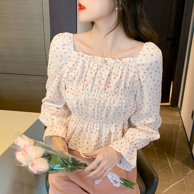 Spring puff sleeve commuting short slim printing chiffon shirt