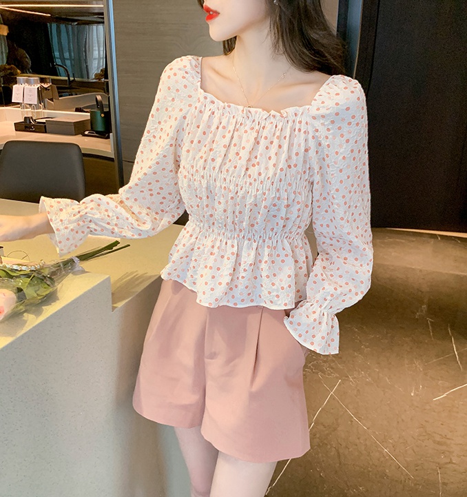 Spring puff sleeve commuting short slim printing chiffon shirt