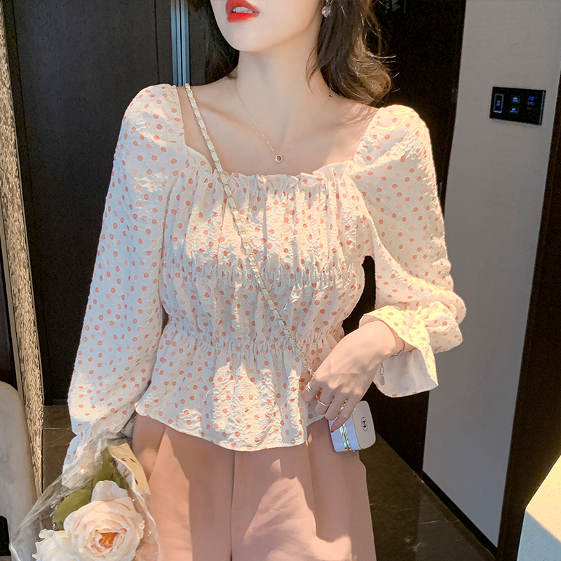 Spring puff sleeve commuting short slim printing chiffon shirt