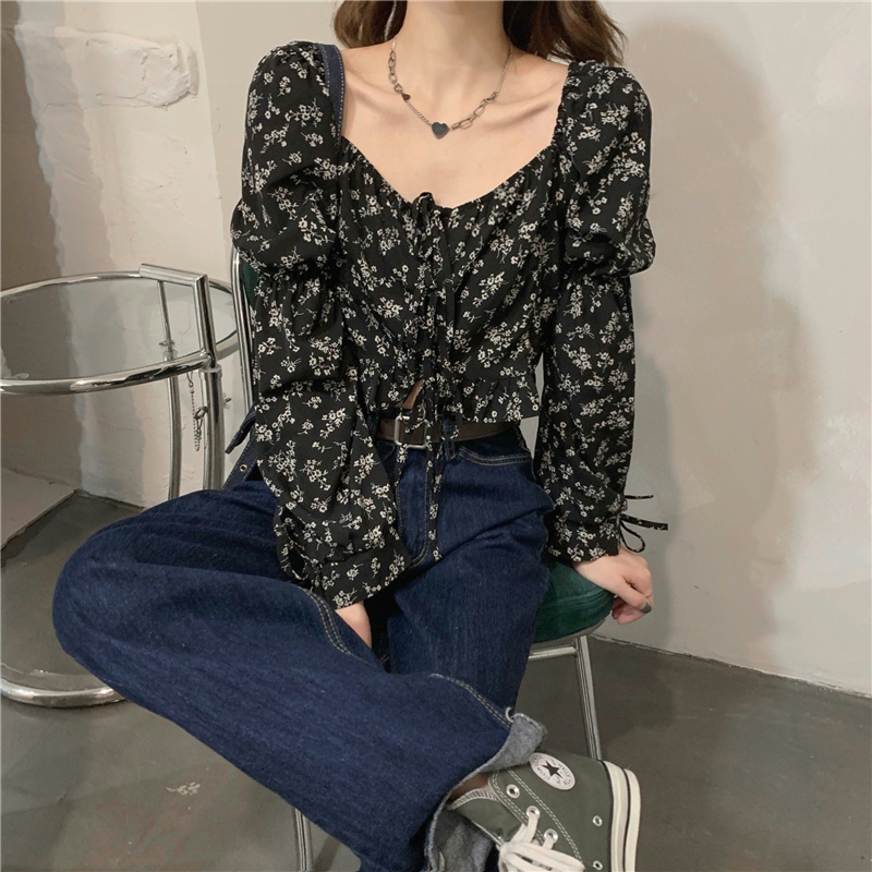 Short frenum long sleeve shirt square collar navel tops