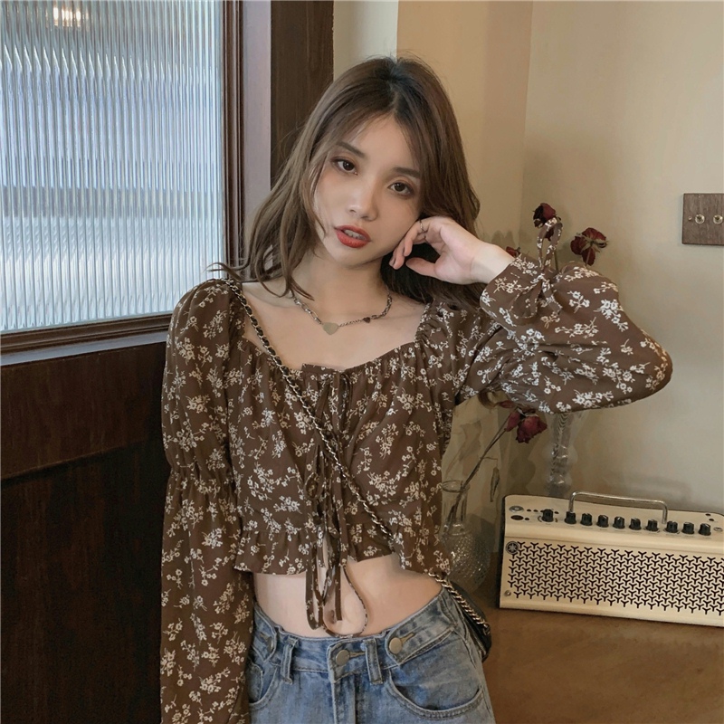 Short frenum long sleeve shirt square collar navel tops