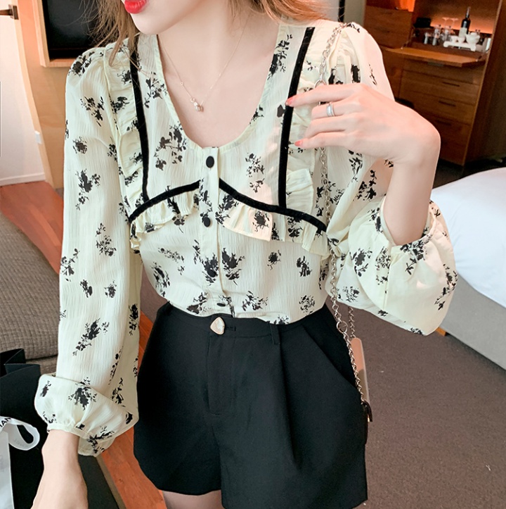 Long sleeve floral chiffon shirt France style cardigan