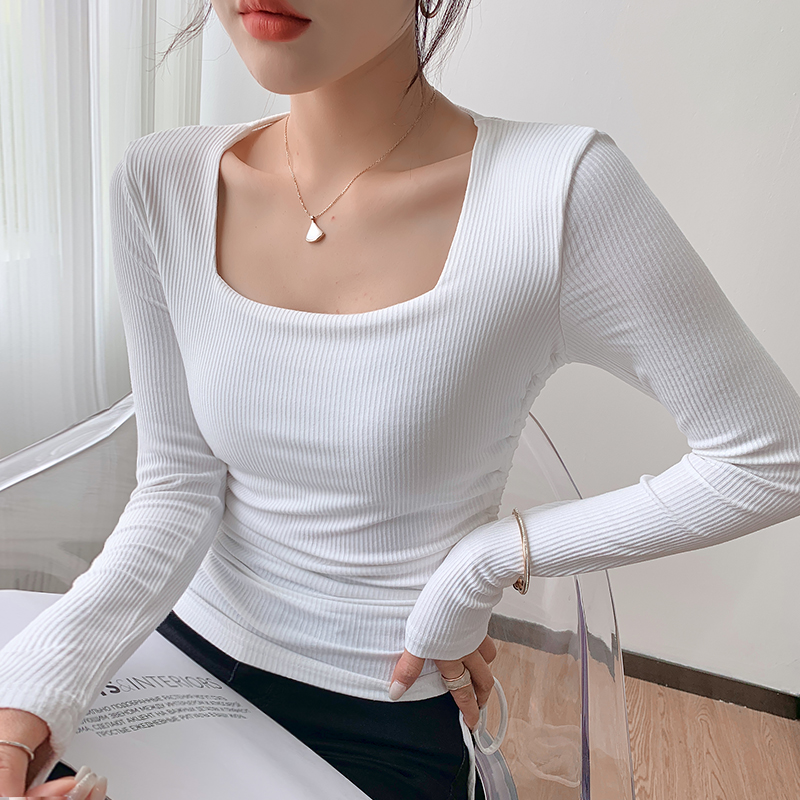 Spring and autumn T-shirt square collar tops for women