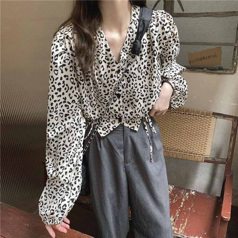 France style retro leopard tops chiffon short shirt