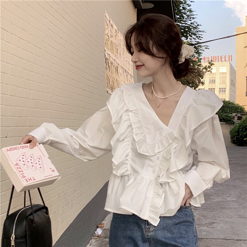 Retro spring long sleeve V-neck pure loose short shirt