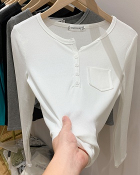 Pocket slim long sleeve tops buckle spring T-shirt