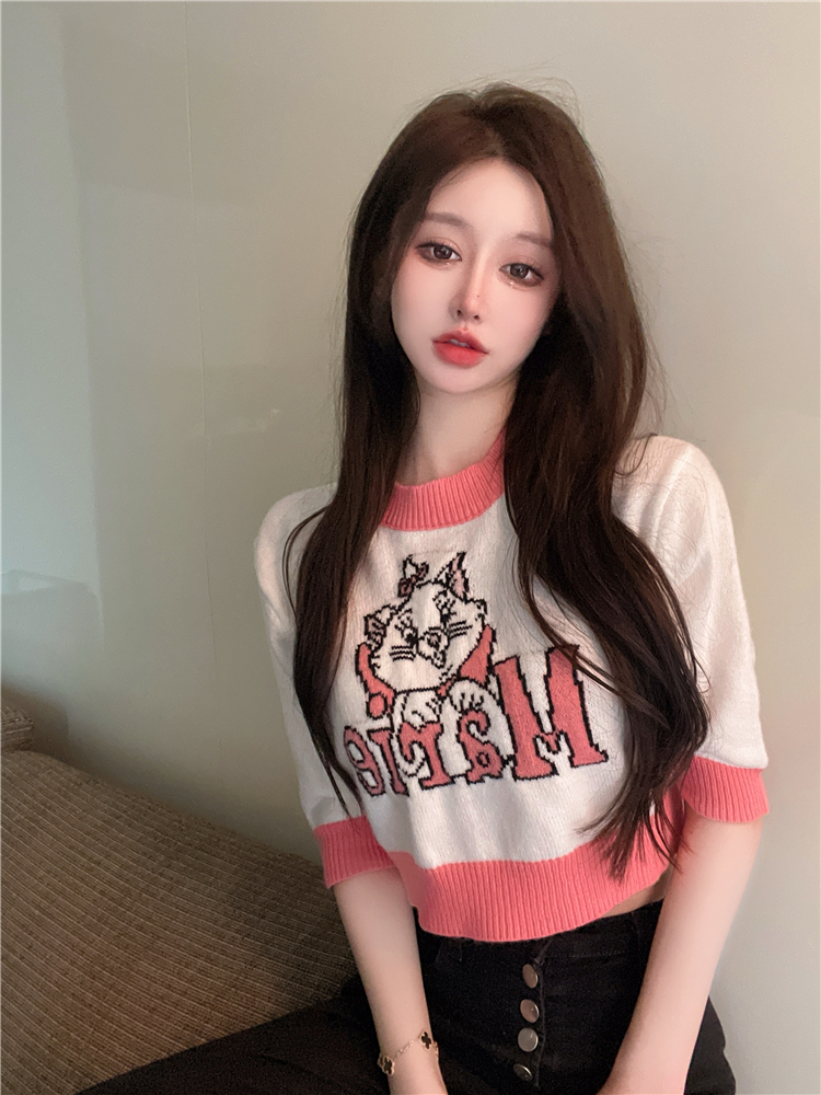 Short mixed colors tops kitty cartoon sweater