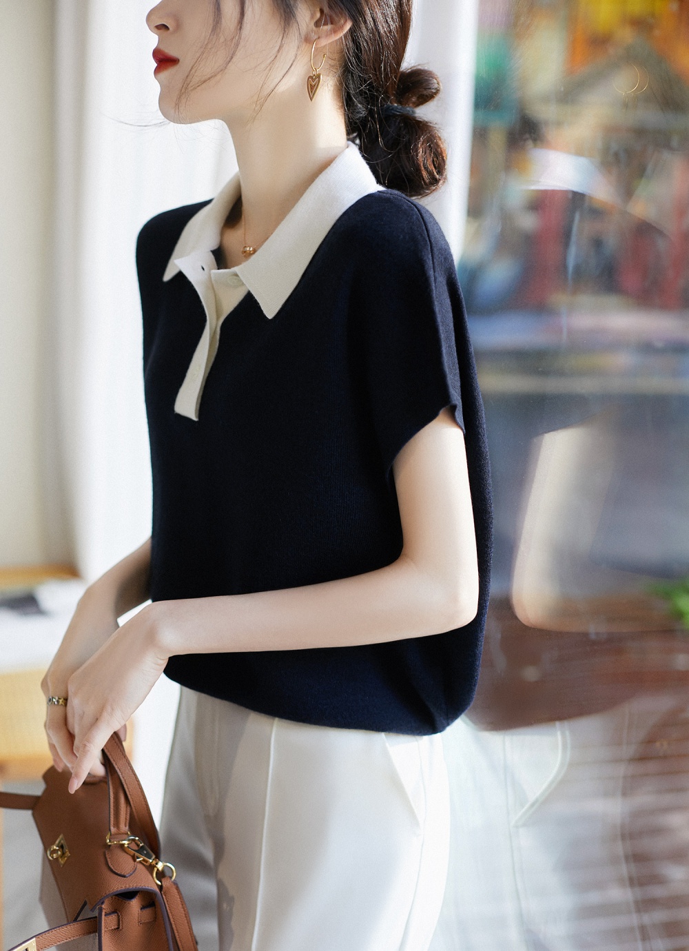 Mixed colors wool short sleeve sweater