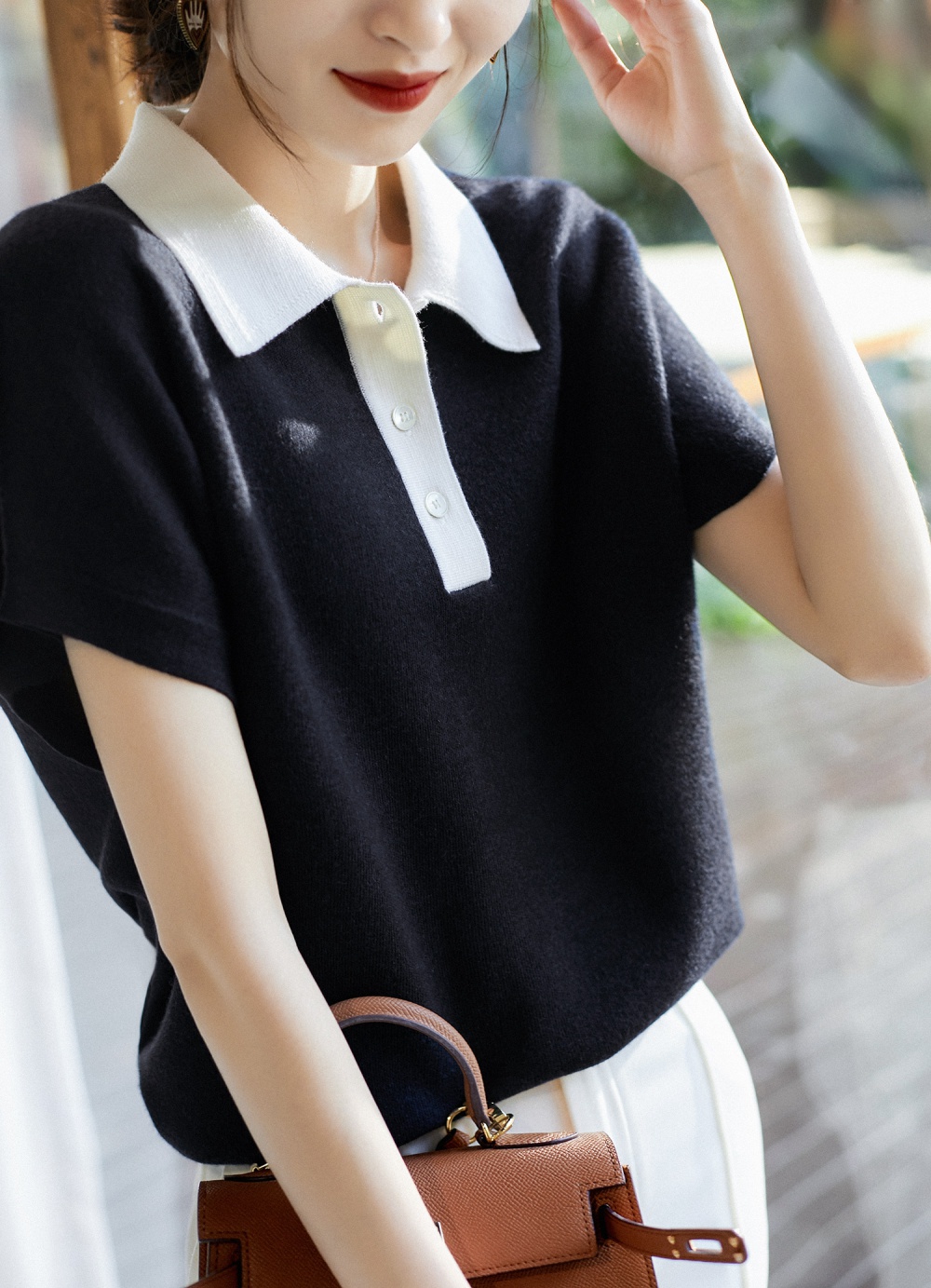 Mixed colors wool short sleeve sweater