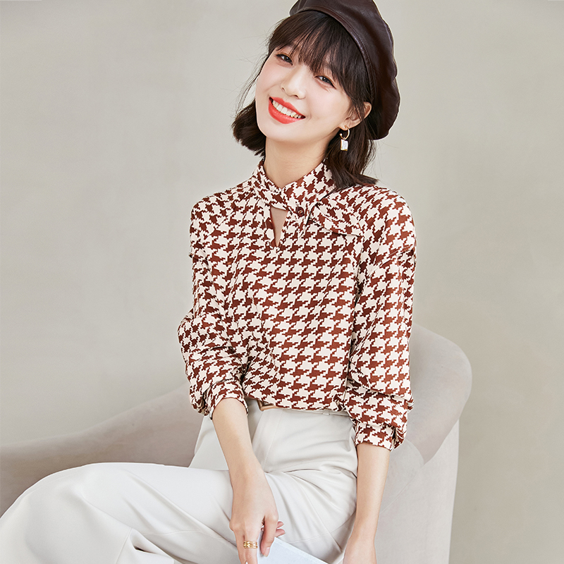 Plaid long sleeve shirt oblique collar chiffon shirt