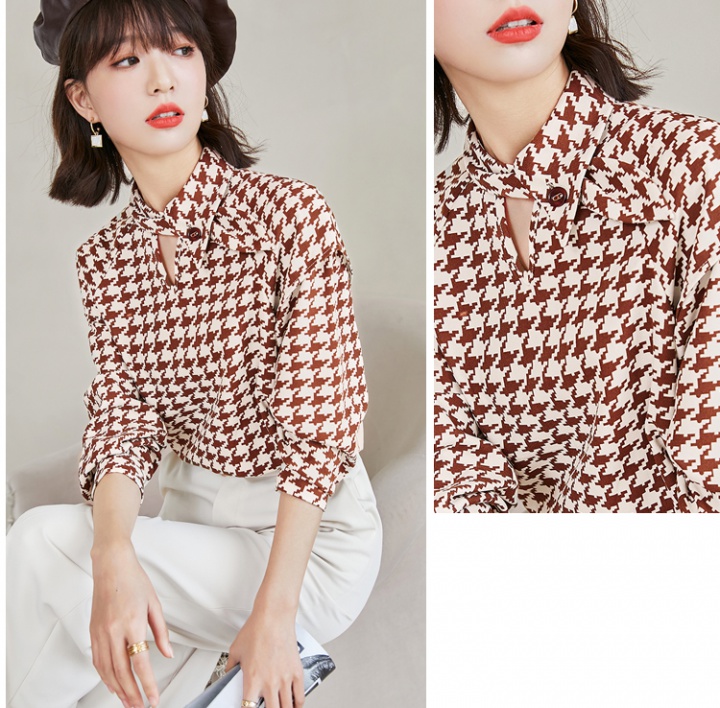 Plaid long sleeve shirt oblique collar chiffon shirt