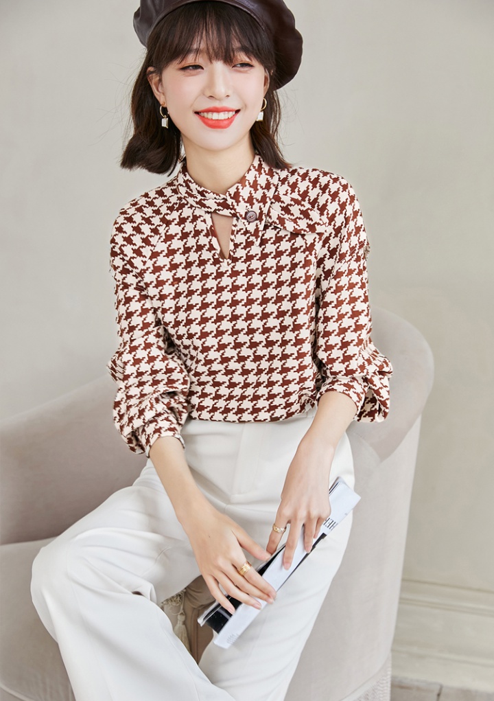 Plaid long sleeve shirt oblique collar chiffon shirt