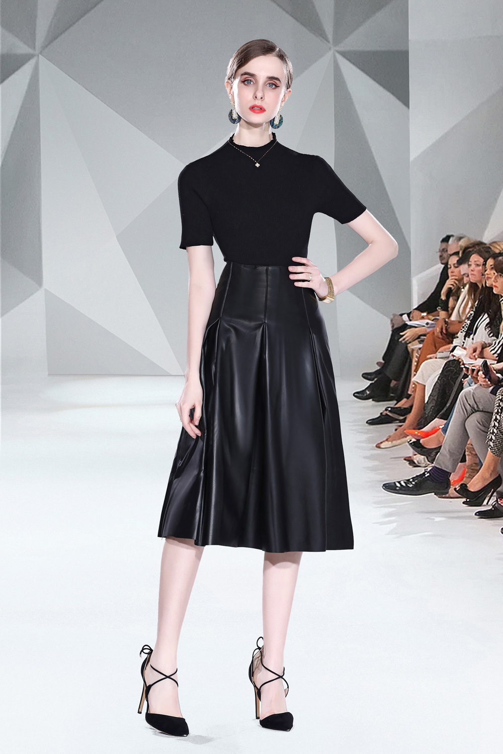 Black fashion leather skirt slim sweater 2pcs set