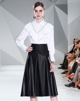 Chiffon retro skirt pure all-match leather skirt 2pcs set