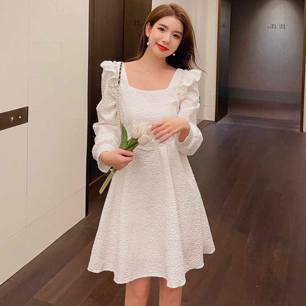 Beading square collar spring boats sleeve dress