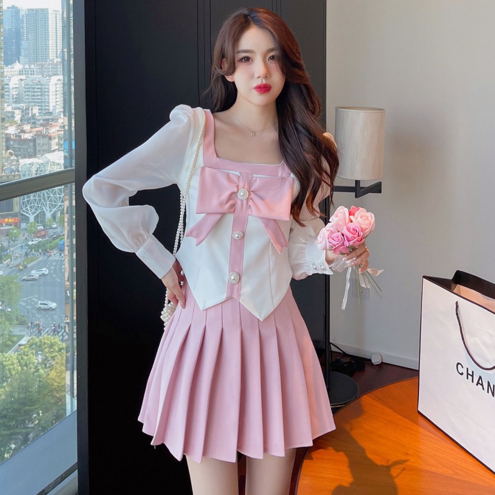 Pleated short skirt long sleeve tops 2pcs set