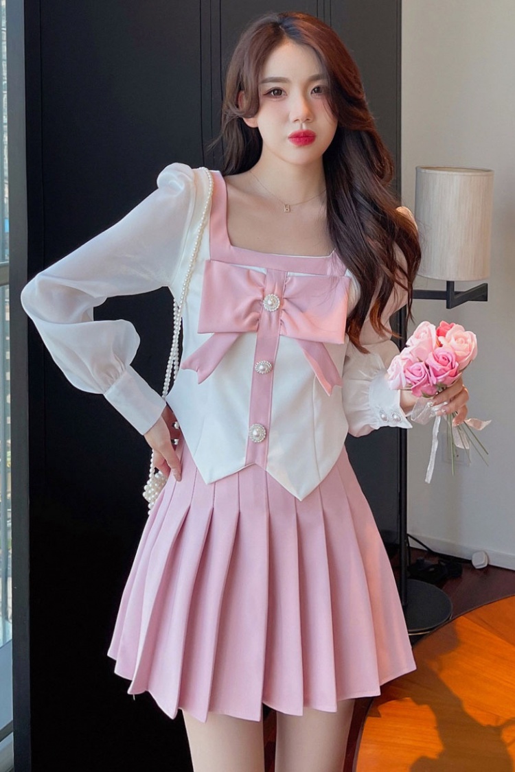 Pleated short skirt long sleeve tops 2pcs set