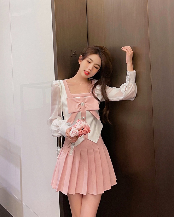 Pleated short skirt long sleeve tops 2pcs set