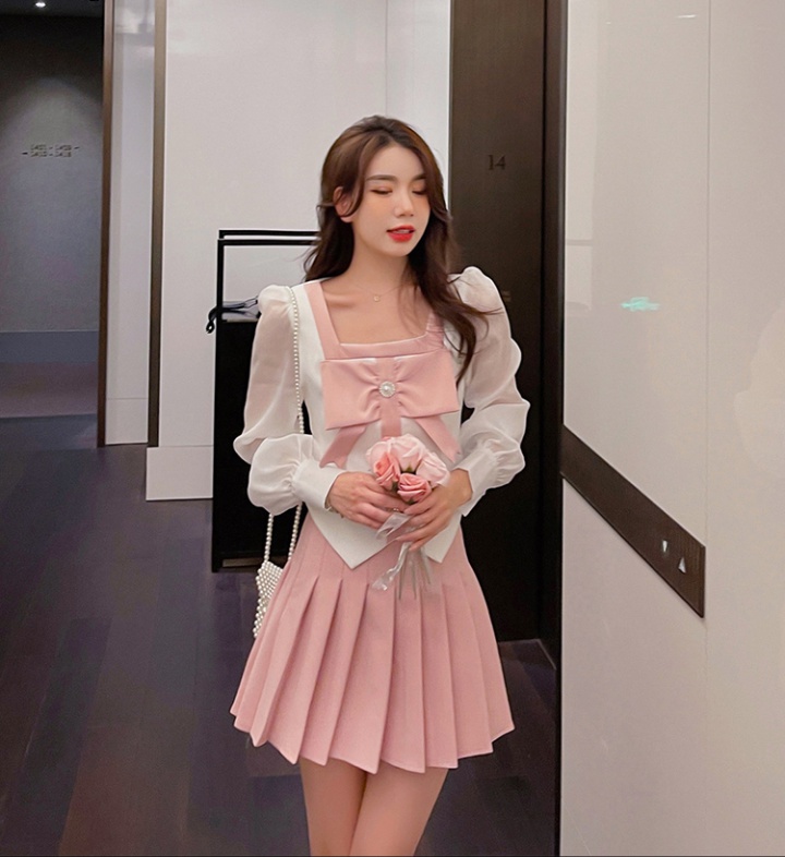 Pleated short skirt long sleeve tops 2pcs set