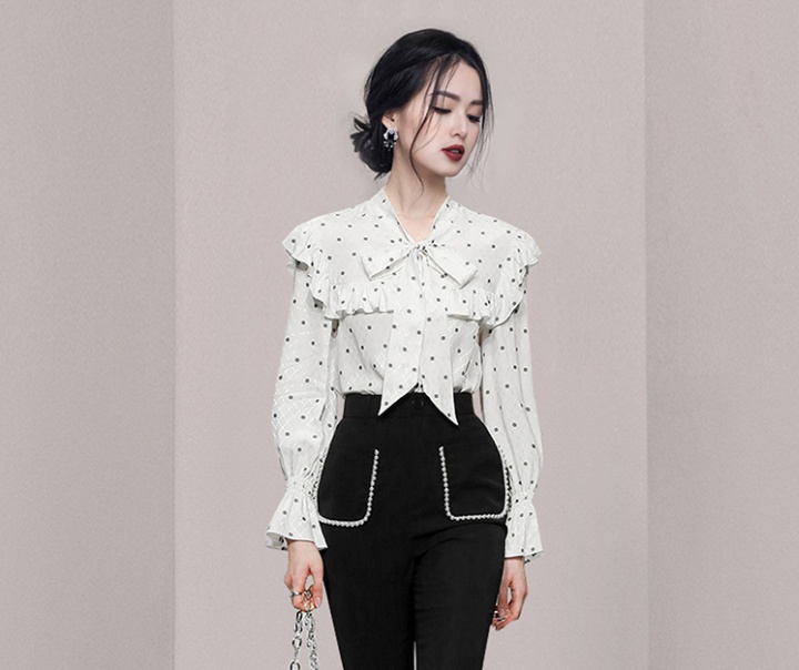 Bow collar jacquard tops lotus leaf edges polka dot shirt