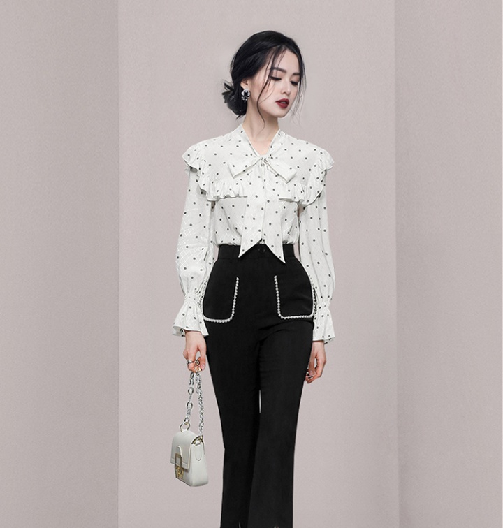 Bow collar jacquard tops lotus leaf edges polka dot shirt