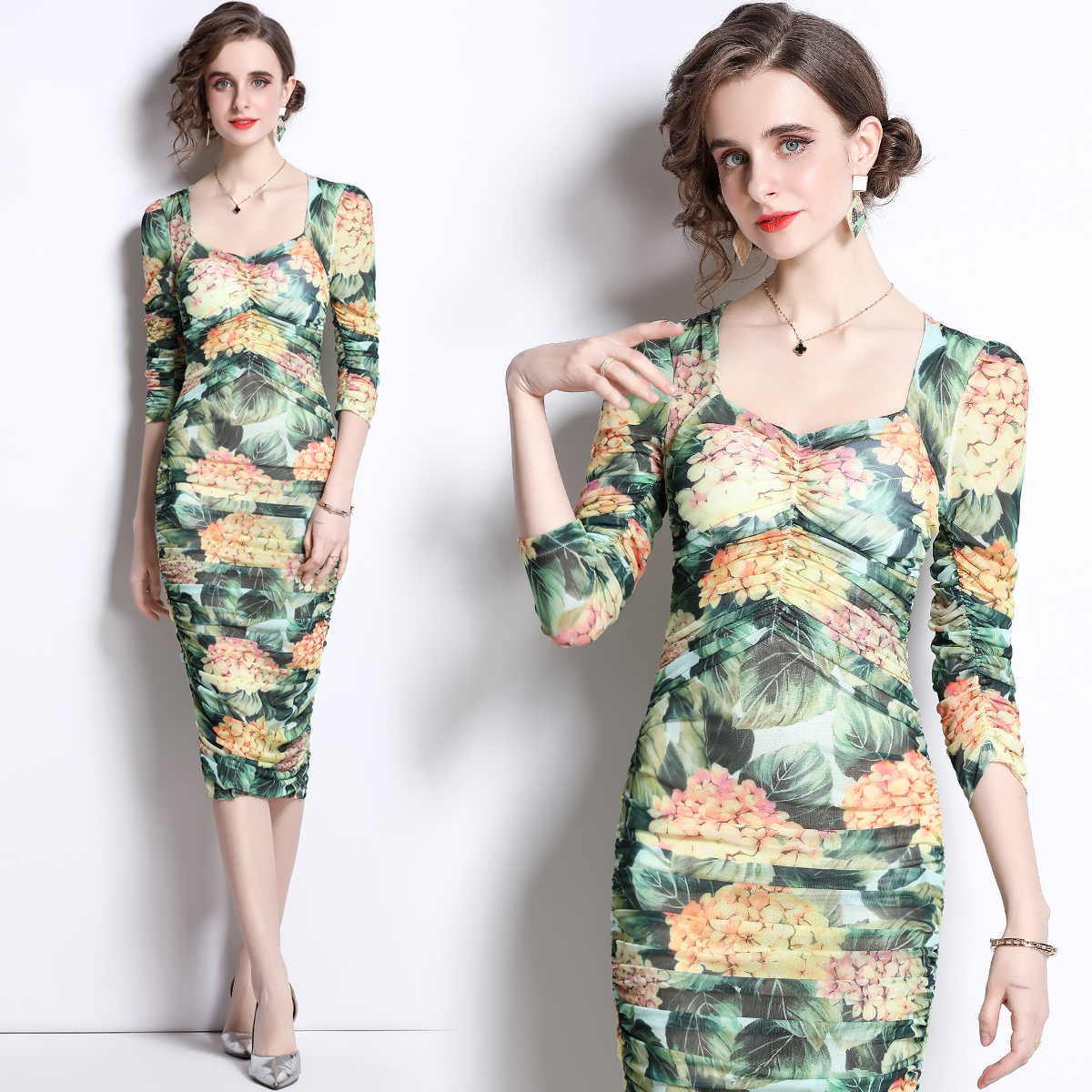 Pinched waist printing crimp elasticity dress