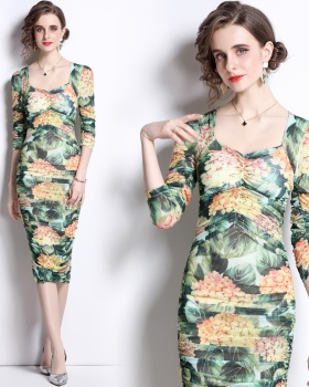 Pinched waist printing crimp elasticity dress