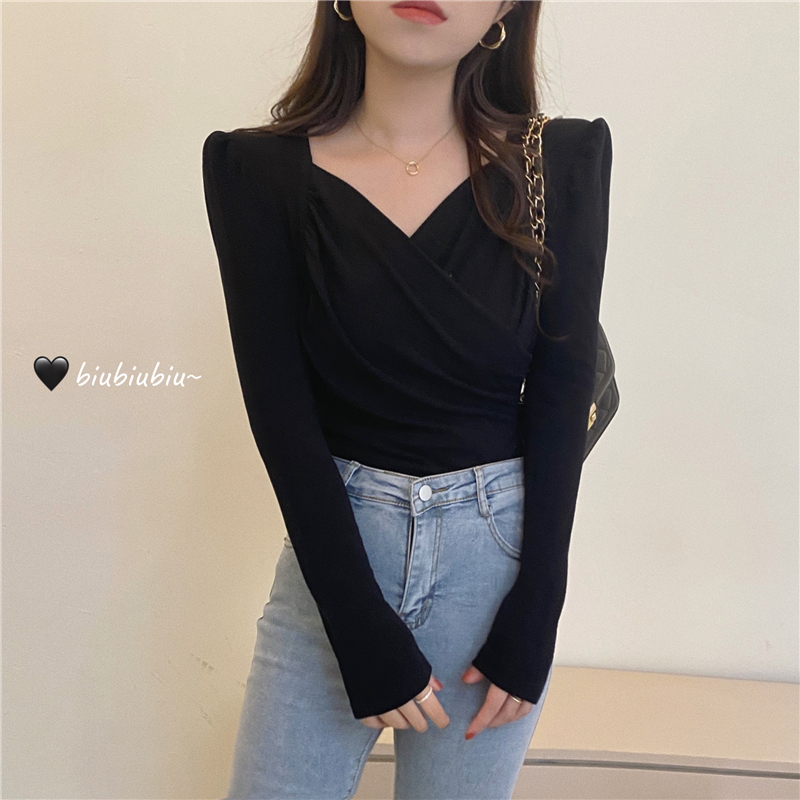 V-neck bottoming shirt slim T-shirt for women