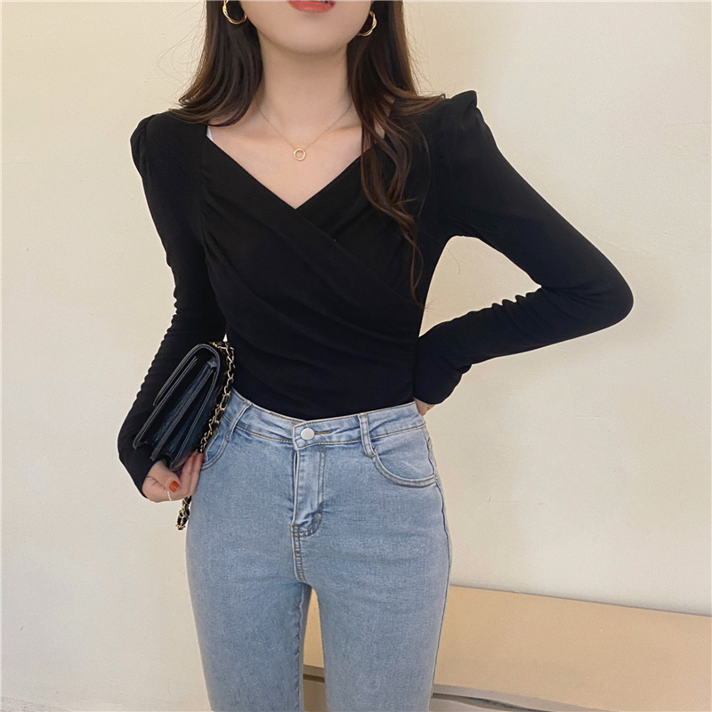 V-neck bottoming shirt slim T-shirt for women