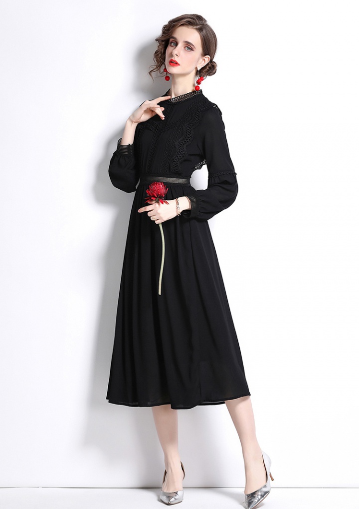 Long pinched waist temperament spring black dress