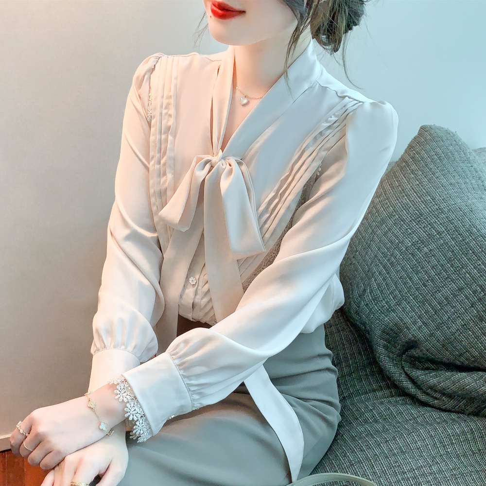 Long sleeve satin bow small shirt lace spring chiffon shirt