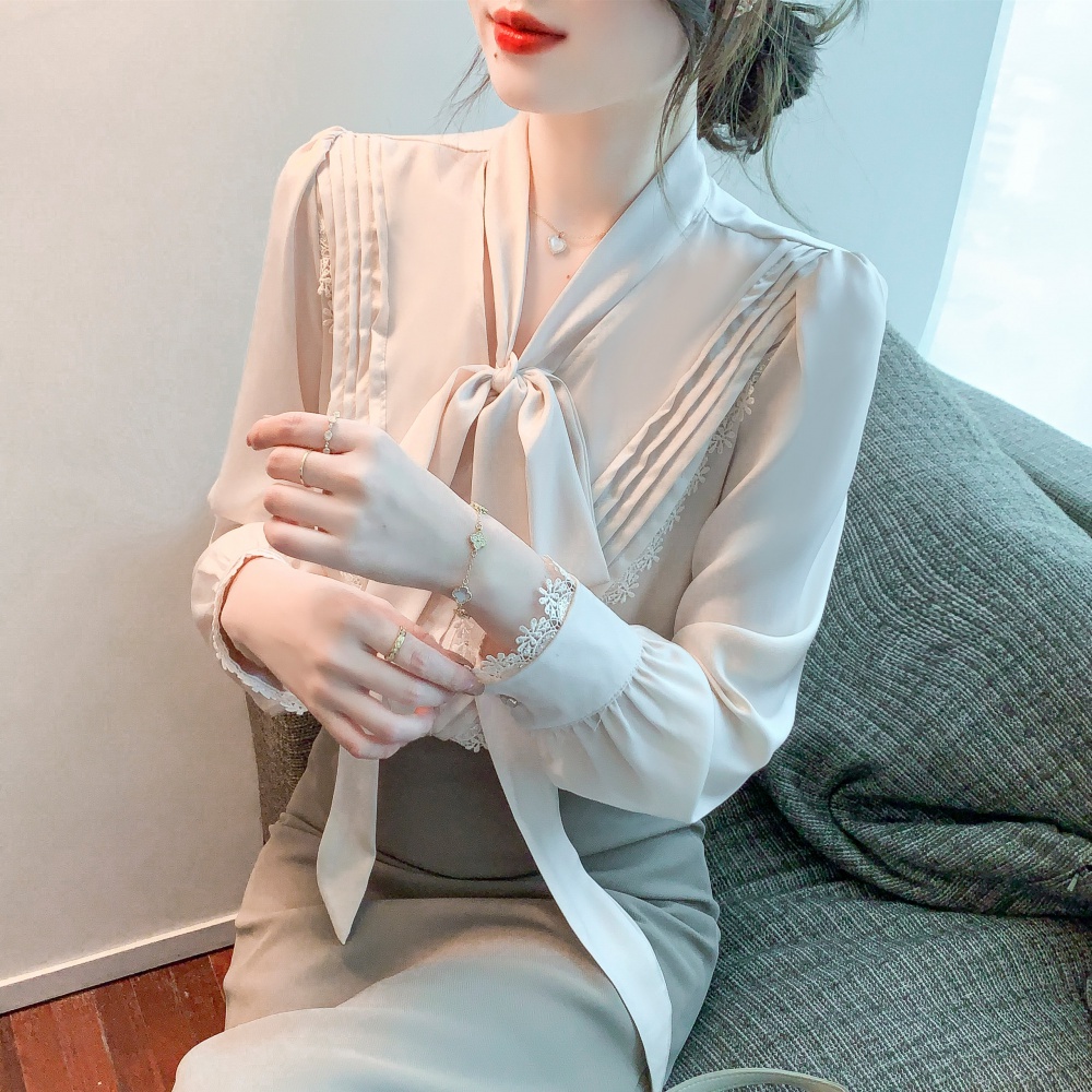 Long sleeve satin bow small shirt lace spring chiffon shirt