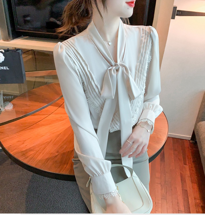 Long sleeve satin bow small shirt lace spring chiffon shirt