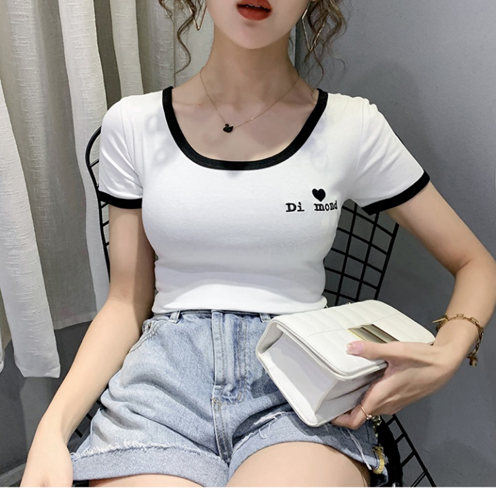 Letters green U-neck T-shirt summer short sleeve tops