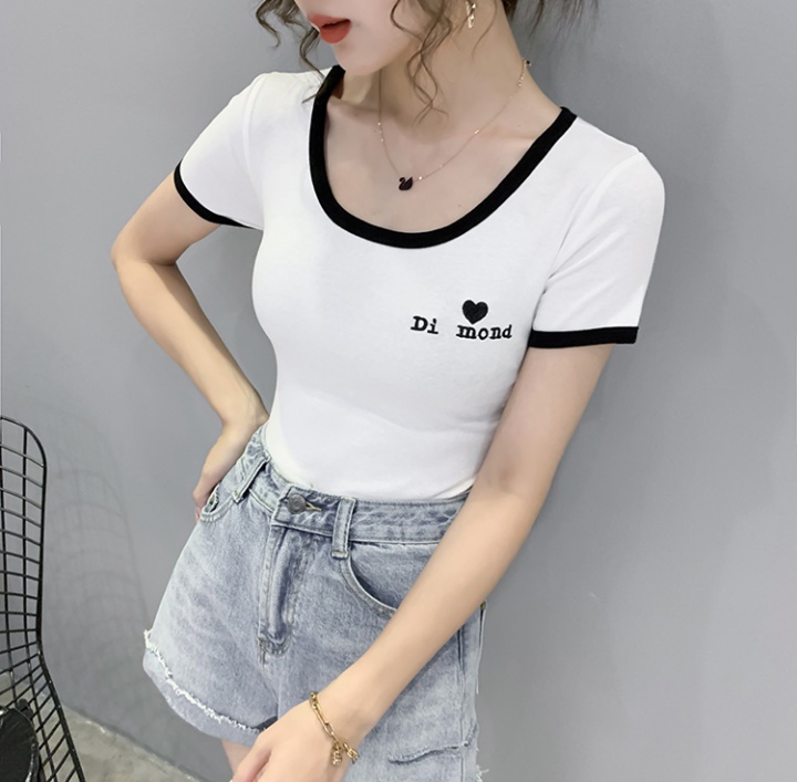 Letters green U-neck T-shirt summer short sleeve tops