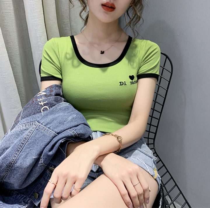 Letters green U-neck T-shirt summer short sleeve tops