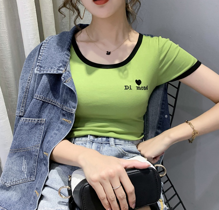 Letters green U-neck T-shirt summer short sleeve tops