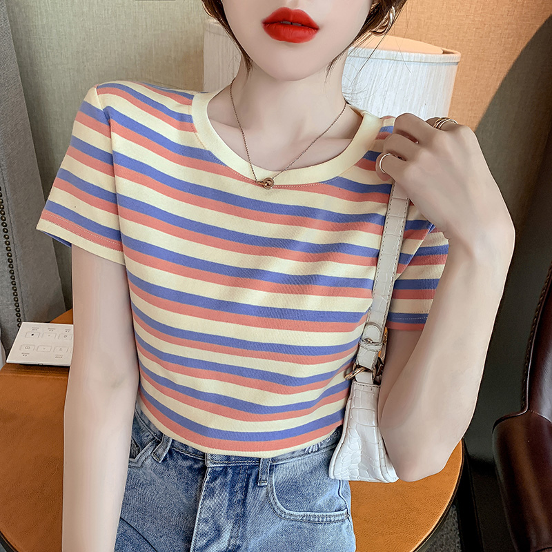 Slim short short sleeve tops stripe tight T-shirt for women