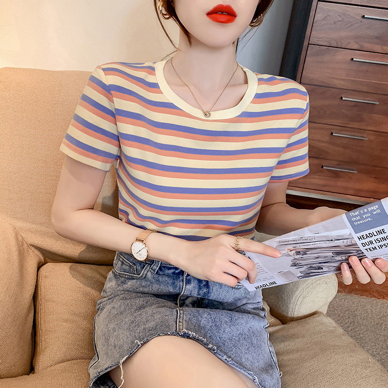 Slim short short sleeve tops stripe tight T-shirt for women